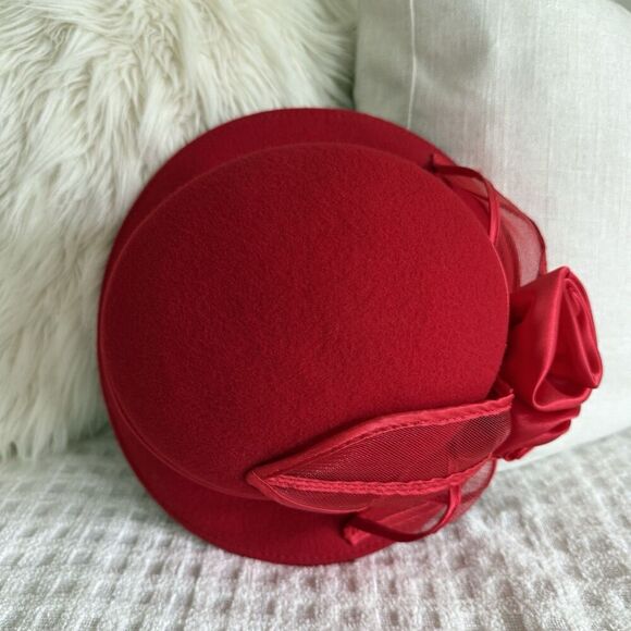 Fancy Women's Hat 100% Wool Red 3D Intricate Rose Bow Event Party Derby - Picture 11 of 12